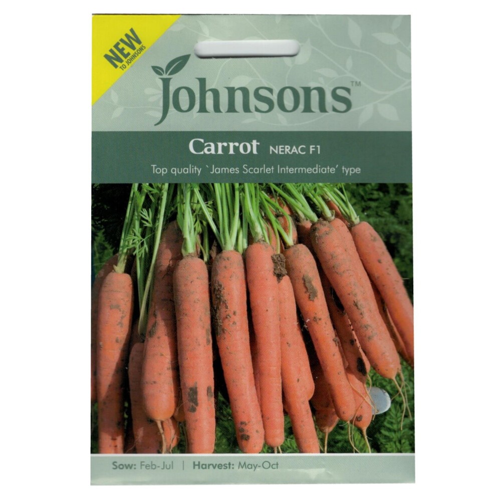 Seed packet featuring "Johnsons Carrot Seeds Nerac F1 James Scarlet Intermediate," with bright orange carrots on a green background, labeled with sowing and harvesting details.