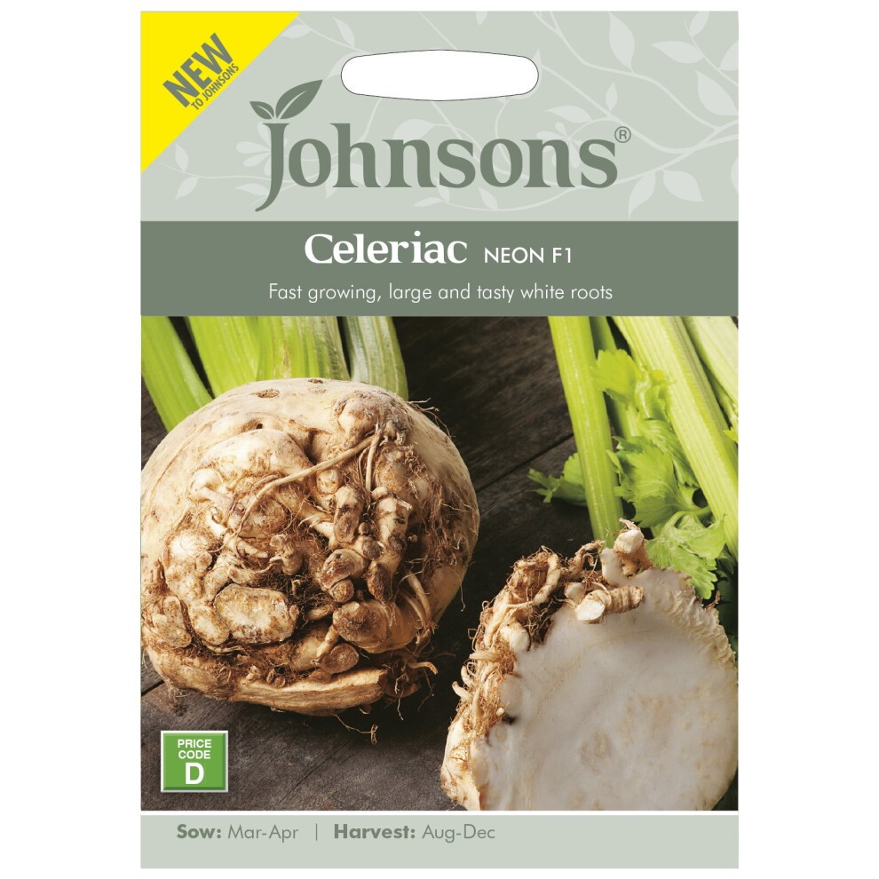 Packaged seeds for growing celeriac, featuring a close-up of a large, textured white root, with green celery stalks in the background and clear planting instructions.