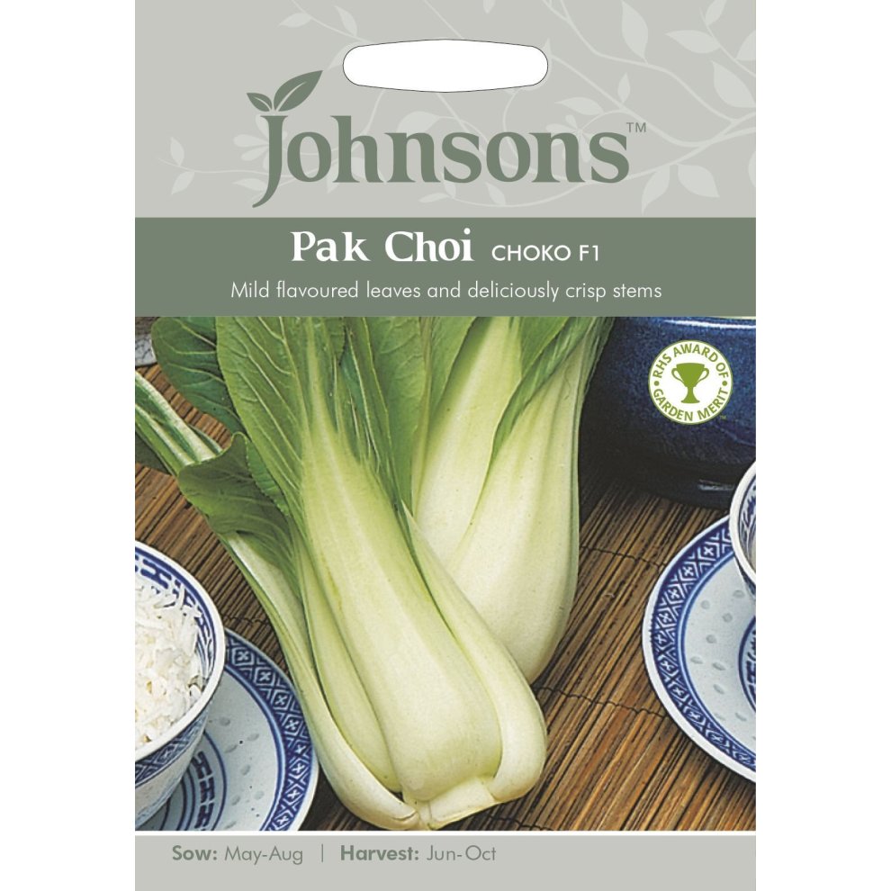 Pictorial seed pack for Johnsons Seeds' Pak Choi Choko F1, featuring green pak choi with crisp stems, set against a light gray background with decorative plates.