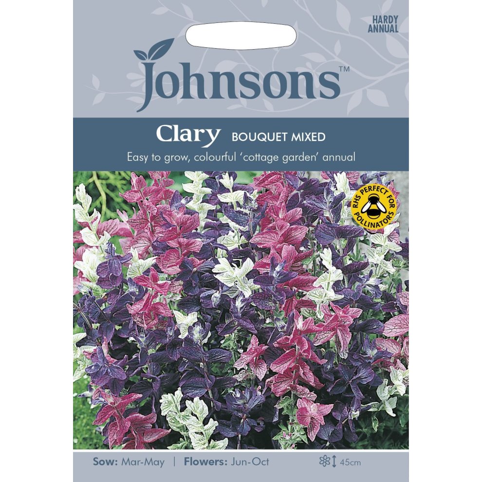 Pictorial seed packet for Johnsons Seeds featuring Clary Bouquet Mixed flowers in shades of purple, pink, and white, with sowing and flowering details prominently displayed.