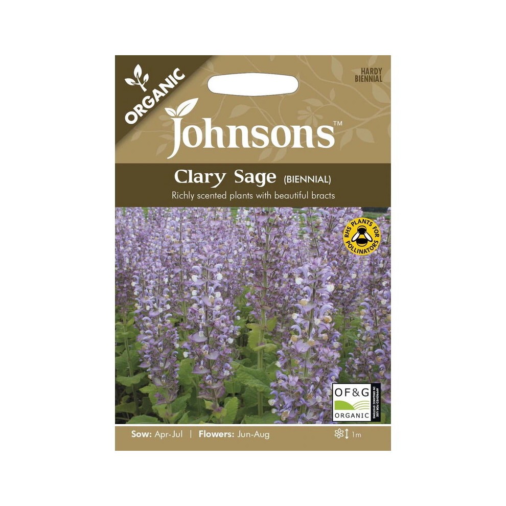 Brown seed packet featuring "Johnsons Clary Sage" in green and white text, with an image of tall, purple flowering plants and notes on organic and biennial characteristics.