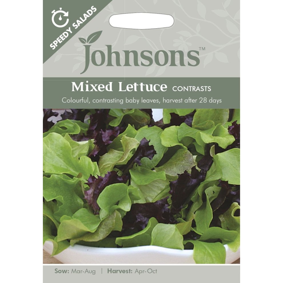 Pictorial seed pack for Johnsons Seeds featuring vibrant mixed leaves in shades of green and purple, labeled "Mixed Lettuce Contrasts," with sowing and harvesting details.
