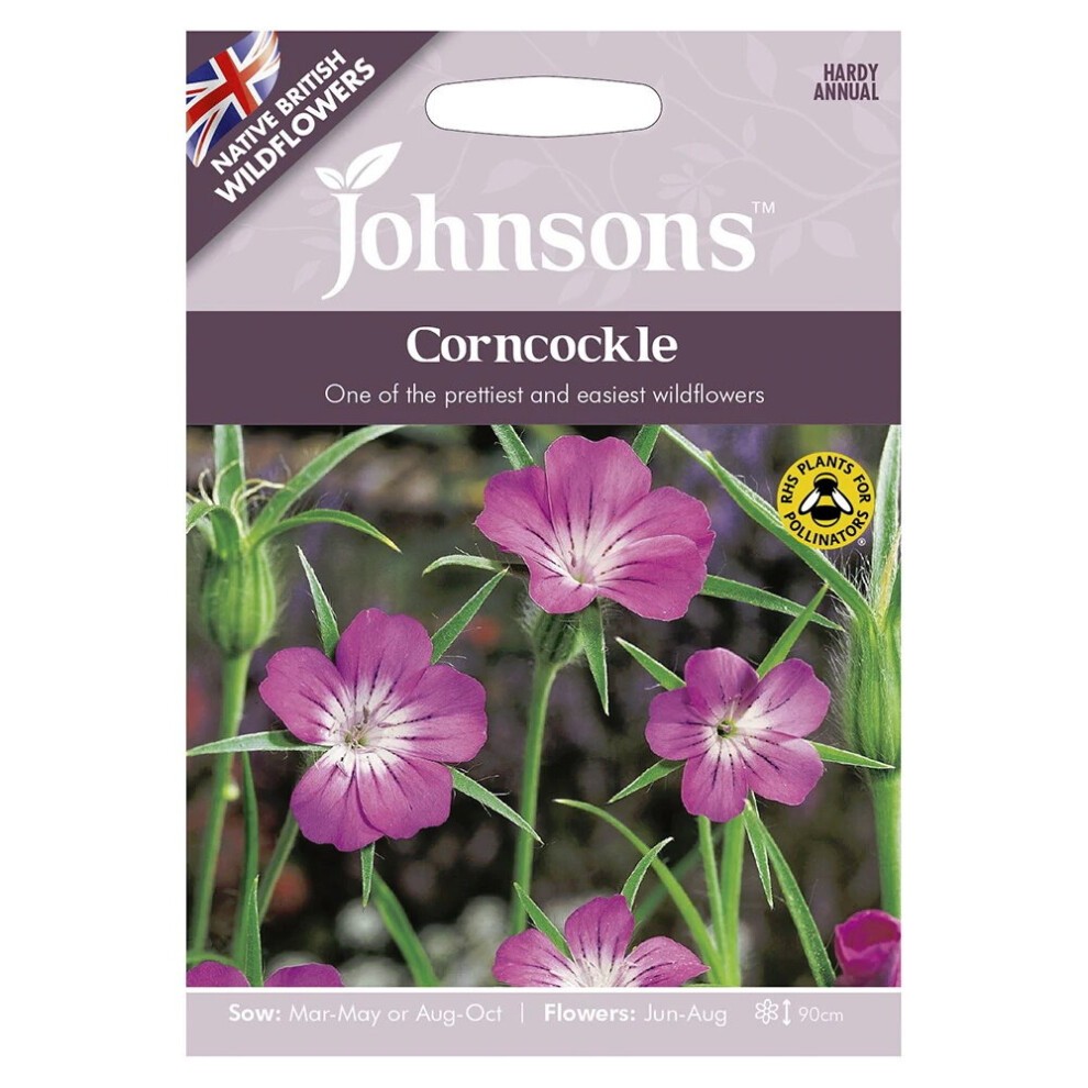 Corncockle seed packet by Johnsons Seeds featuring vibrant pink flowers, a purple background, and details about sowing and flowering times, with a British flag emblem.