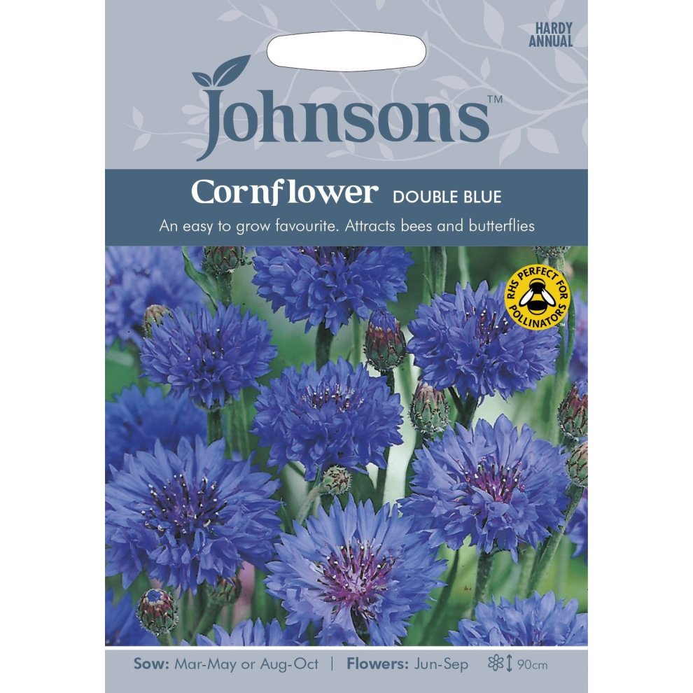 Johnsons Seeds Pictorial Pack featuring vibrant double blue cornflowers, with a floral image and sowing instructions, highlighting its appeal to bees and butterflies.
