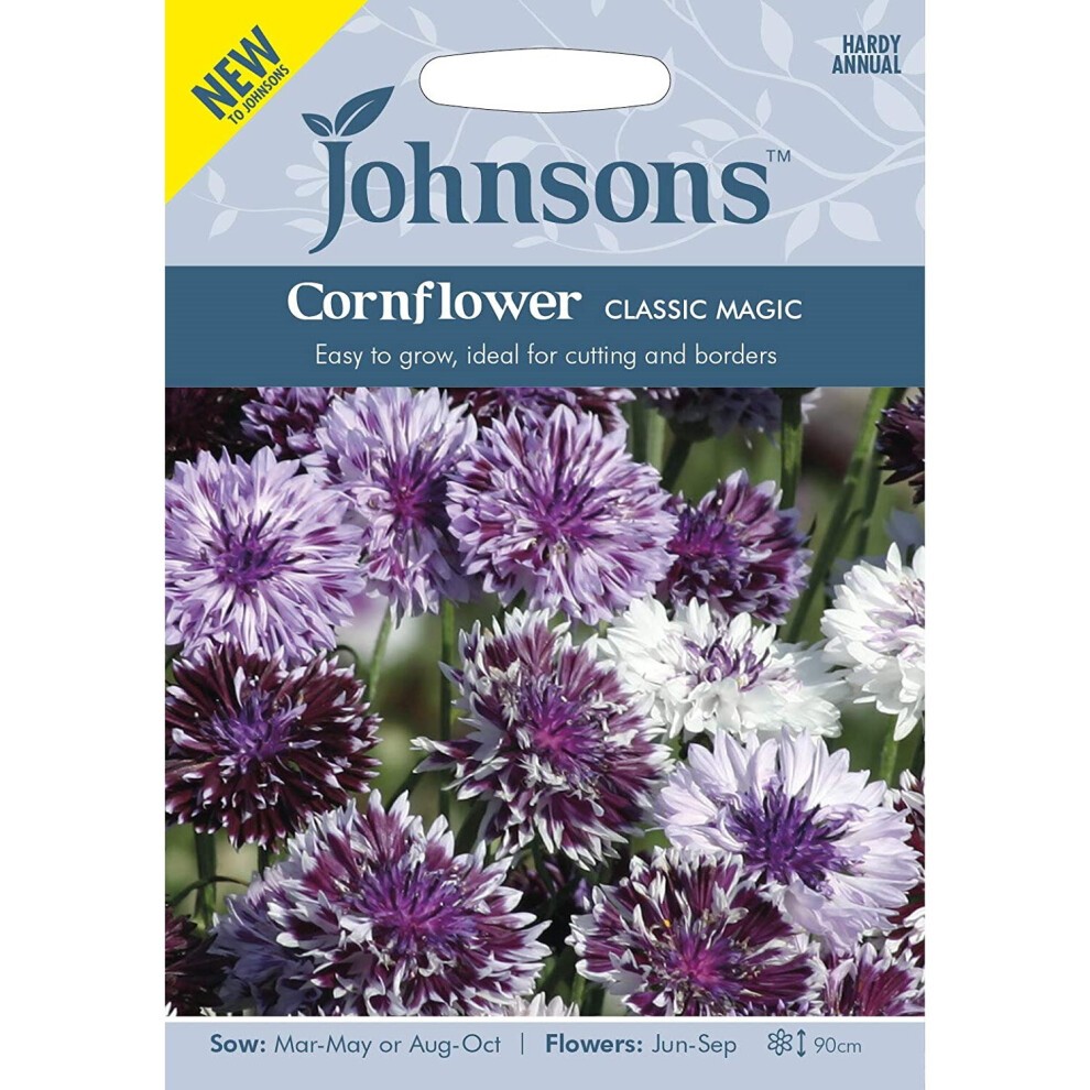 Packaged seeds for "Cornflower Classic Magic" by Johnsons, featuring vibrant purple and white flowers, with details on sowing and flowering times on a blue background.