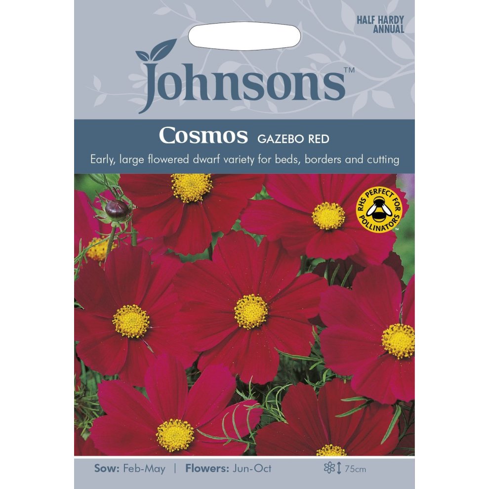 Bright red Cosmos Gazebo Red flower seeds pack featuring a vibrant floral design, with yellow centers, and details on sowing and flowering times, packaged in a colorful, paper envelope.