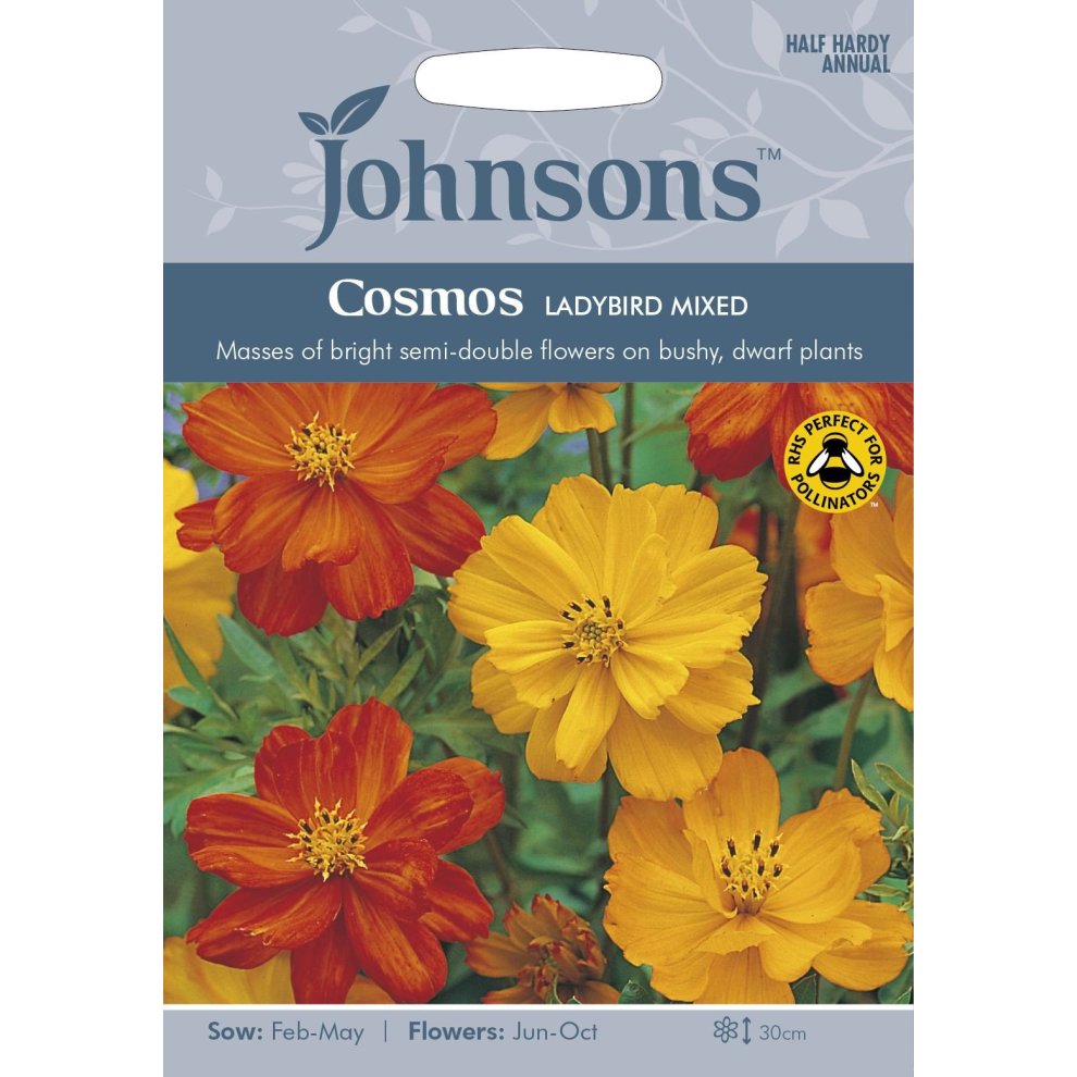 Brightly colored seed packet featuring Cosmos Ladybird flowers in orange and yellow, with a description of sowing and flowering times, and a pollinator-friendly icon.
