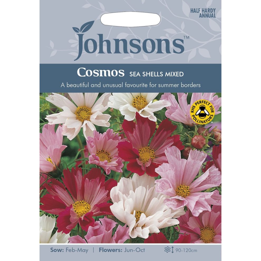 Colorful seed packet featuring Cosmos Sea Shells in shades of red, pink, and white, with a floral design and details on sowing and flowering times.