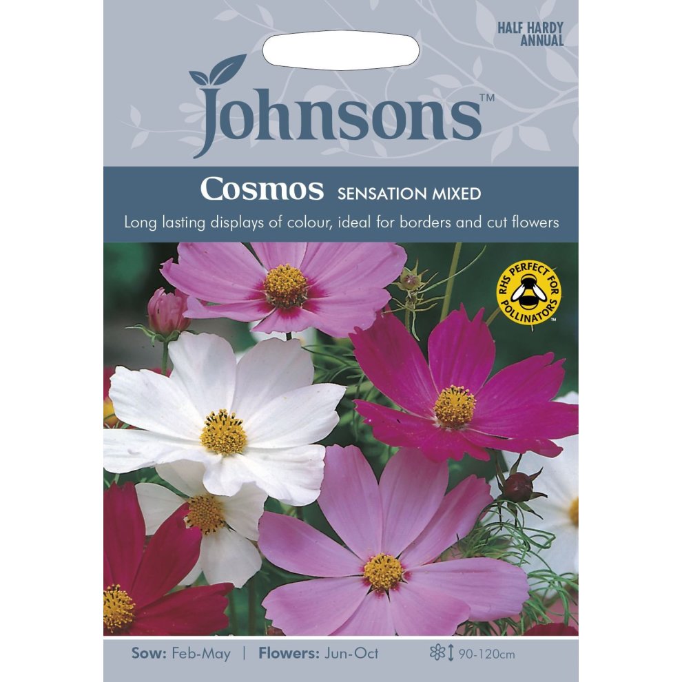 Pictorial seed pack featuring vibrant pink and white Cosmos flowers, labeled "Sensation Mixed," with sowing and flowering details, ideal for borders and cut flowers.