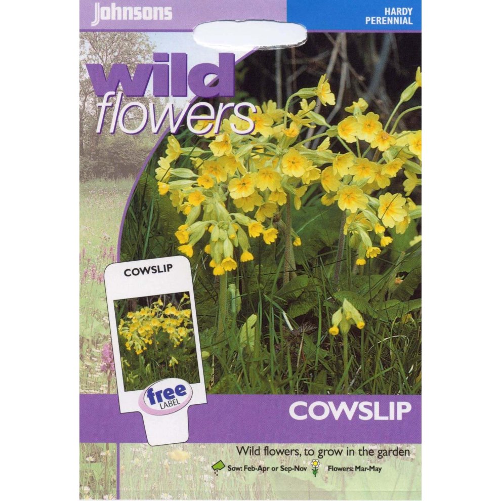Bright yellow Cowslip flowers are featured on a purple and green seed packet, labeled "Wild Flowers" with a photo of the plant and details on planting and flowering times.