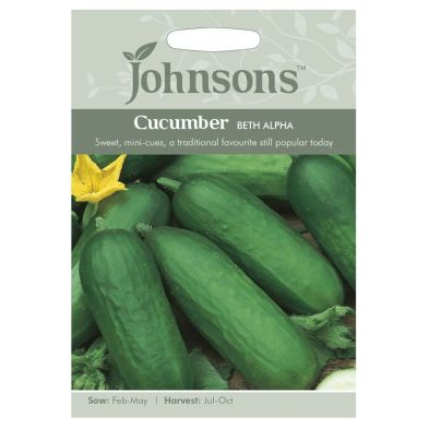 Green packet featuring Johnsons branding, with an illustration of fresh, dark green cucumbers and a yellow flower, labeled "Cucumber Beth Alpha Seeds," sowing and harvesting details included.