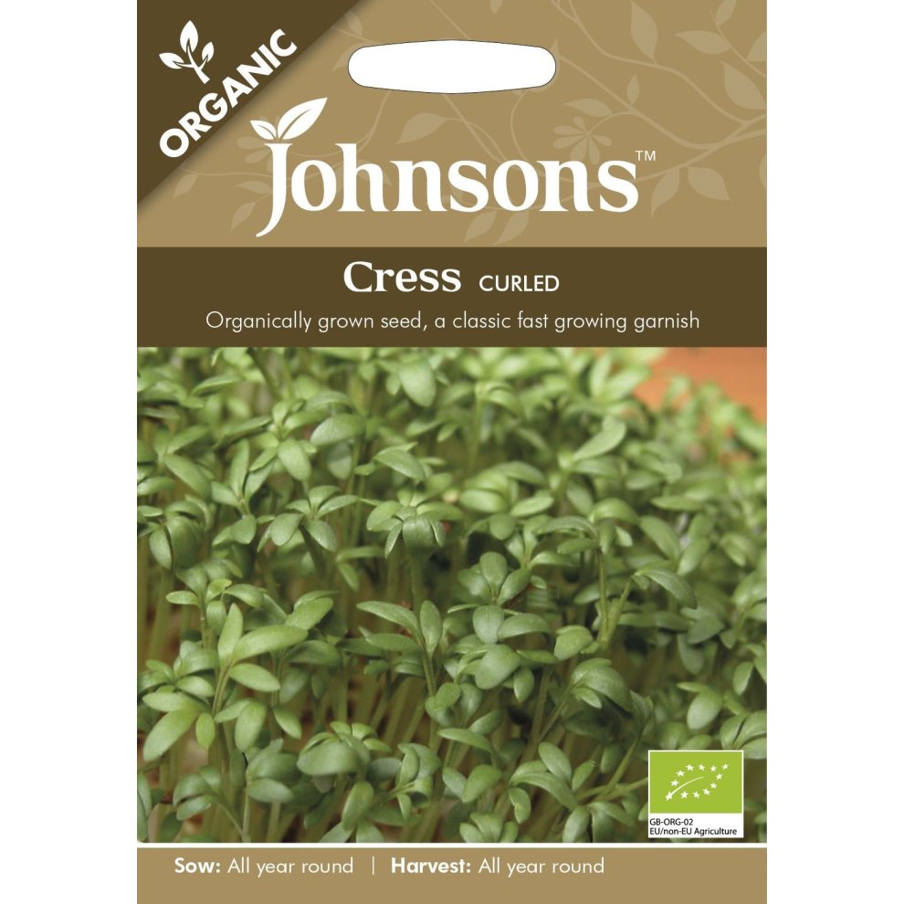 Pictorial seed pack for Johnsons' Organic Cress Curled, featuring vibrant green seedlings, with a white background and clear text highlighting sowing and harvesting details.