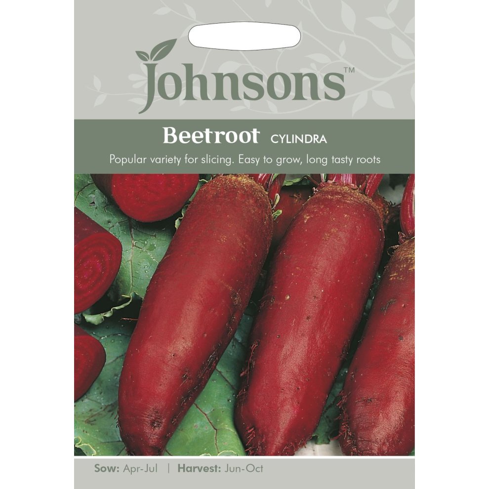 Pictorial seed packet featuring cylindrical beetroot with deep red skin and green leaves, labeled "Johnsons Beetroot Cylindra," indicating sowing and harvesting times.