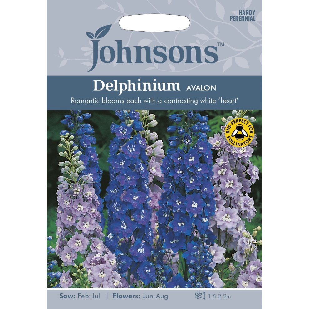 Pictorial seed packet for Johnsons Seeds featuring Delphinium Avalon, showcasing vibrant blue and purple flowers with white centers, labeled with sowing and flowering details.