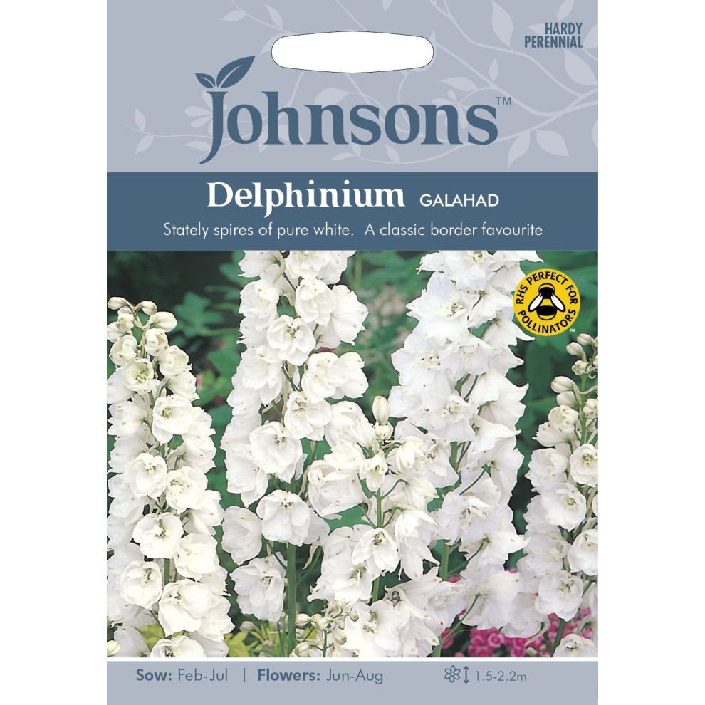 White flower seeds pack featuring Delphinium Galahad, with a colorful design, sowing and flowering instructions, and a pollinator-friendly badge.