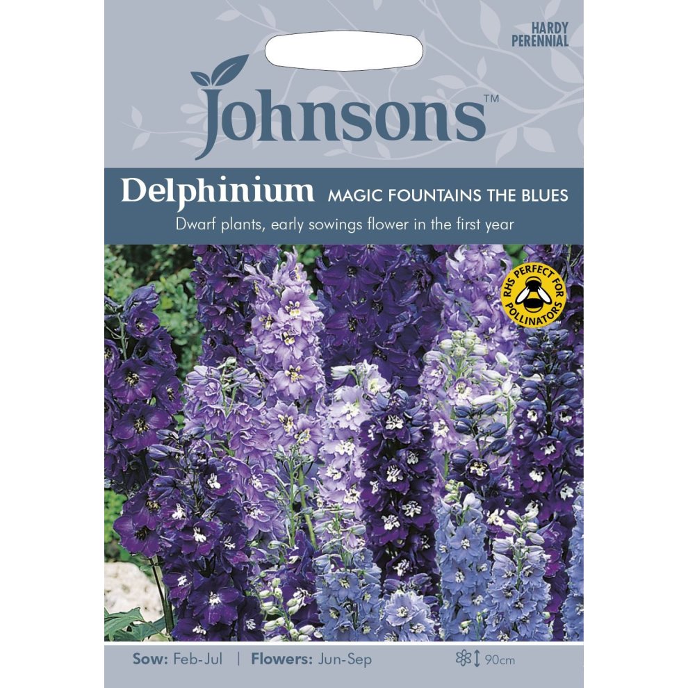 Pictorial seed pack featuring vibrant purple delphinium flowers, labeled "Delphinium Magic Fountains," with sowing instructions and a pollinator-friendly badge.