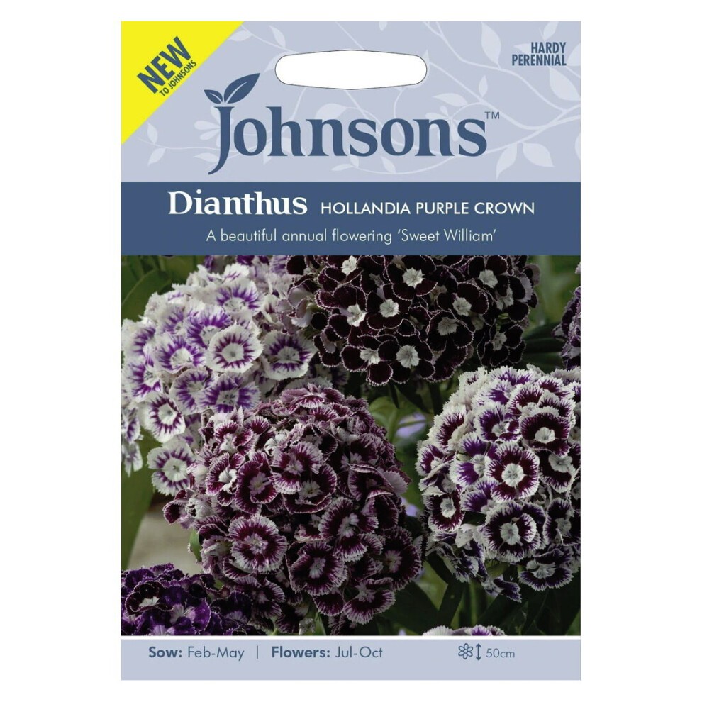 Johnsons Grow Your Own Dianthus Hollandia Purple Crown seeds packet featuring a vibrant design with purple and white flowers, labeled with growth information and branding.