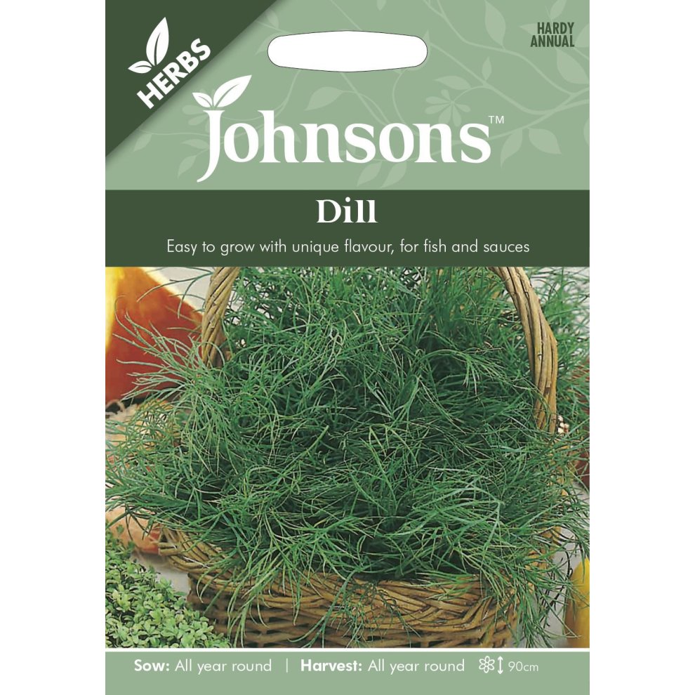 Green seed packet featuring "Johnsons" logo, labeled "Dill," with a basket of dill leaves, and details on sowing and harvesting, set against a light background.