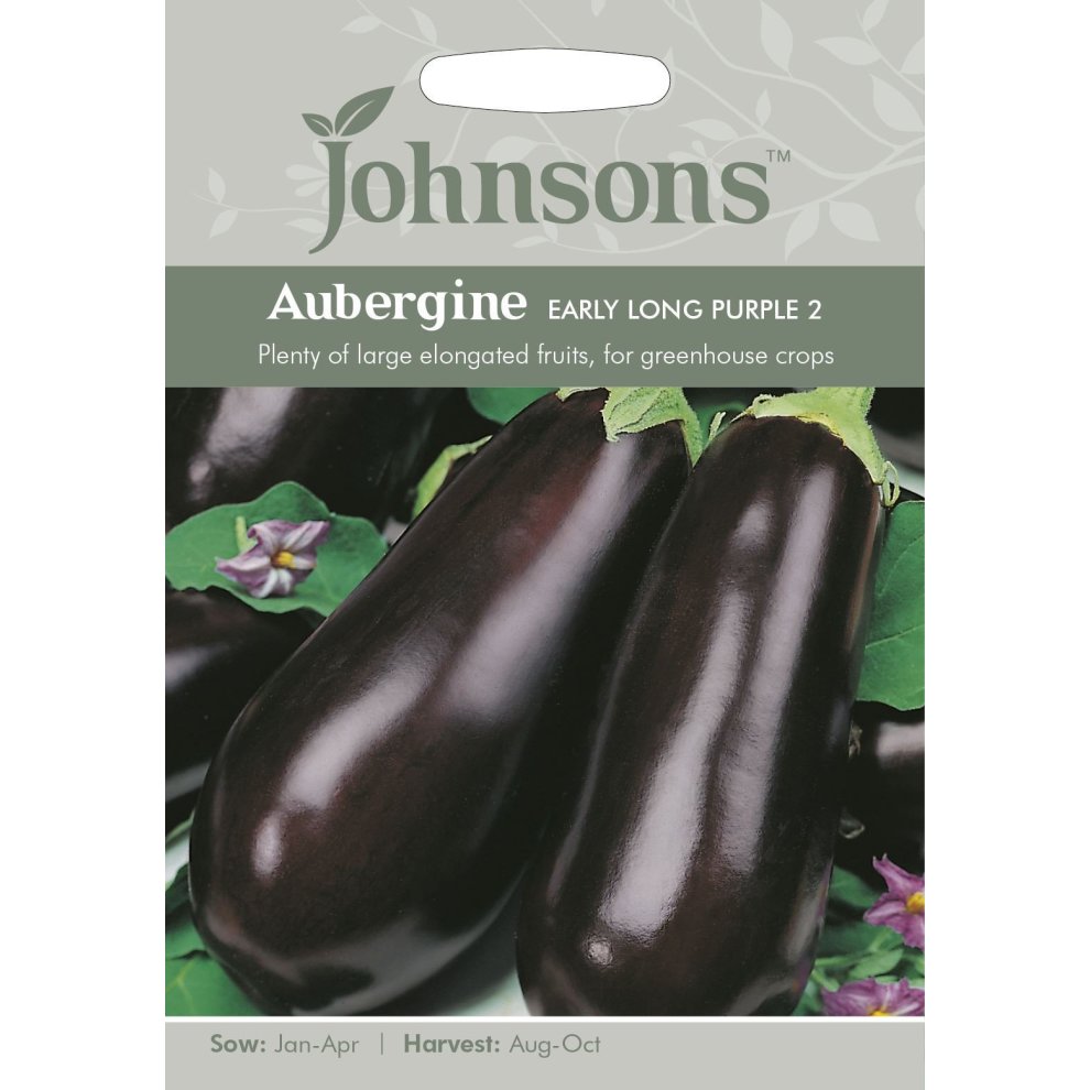 Pictorial seed pack featuring glossy, dark purple aubergines with green leaves, labeled "Johnsons Seeds - Aubergine Early Long Purple 3 - 100 Seeds."