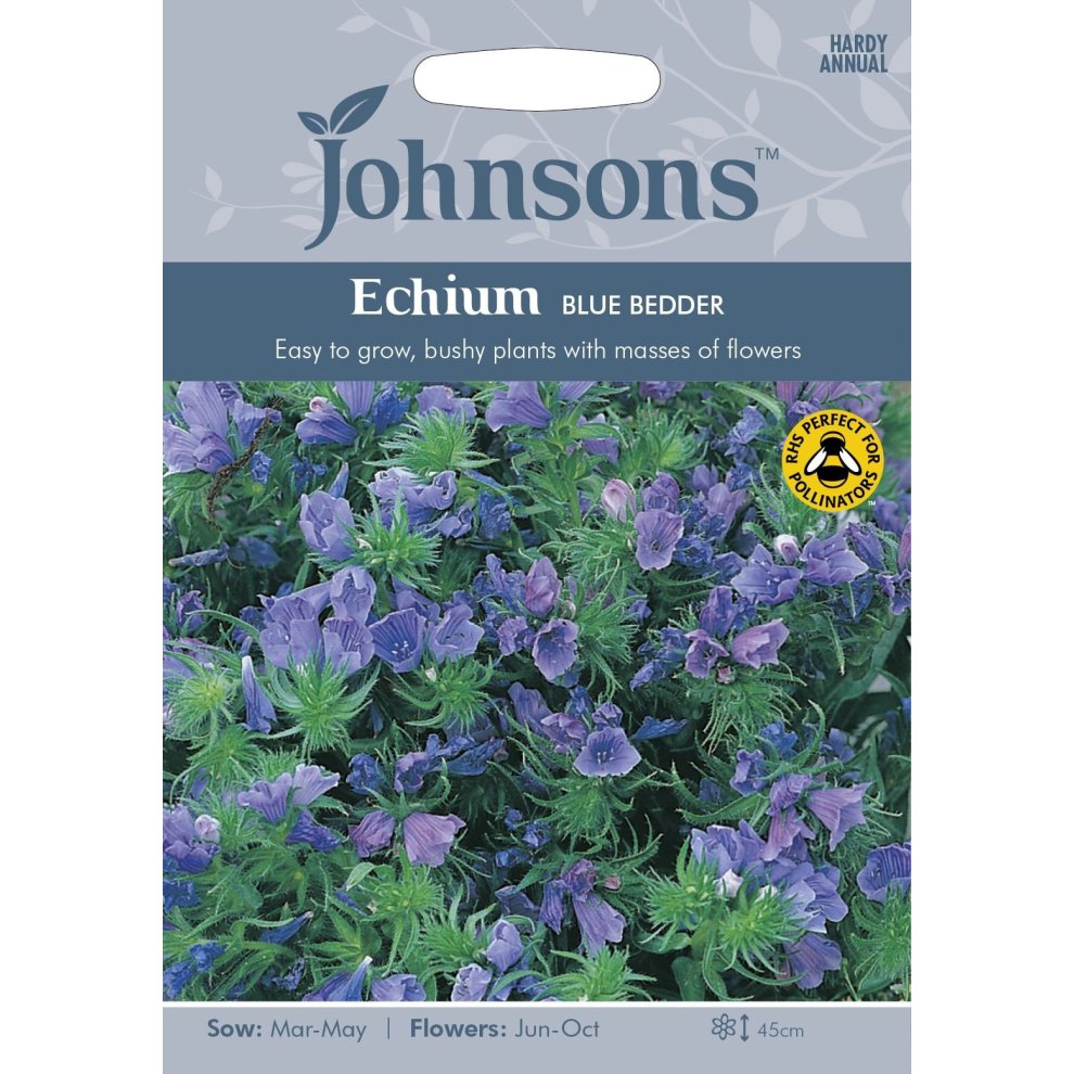 Pictorial seed packet for Johnsons Seeds featuring Echium Blue Bedder, showcasing vibrant blue and purple flowers, with planting details and a pollinator-friendly badge.