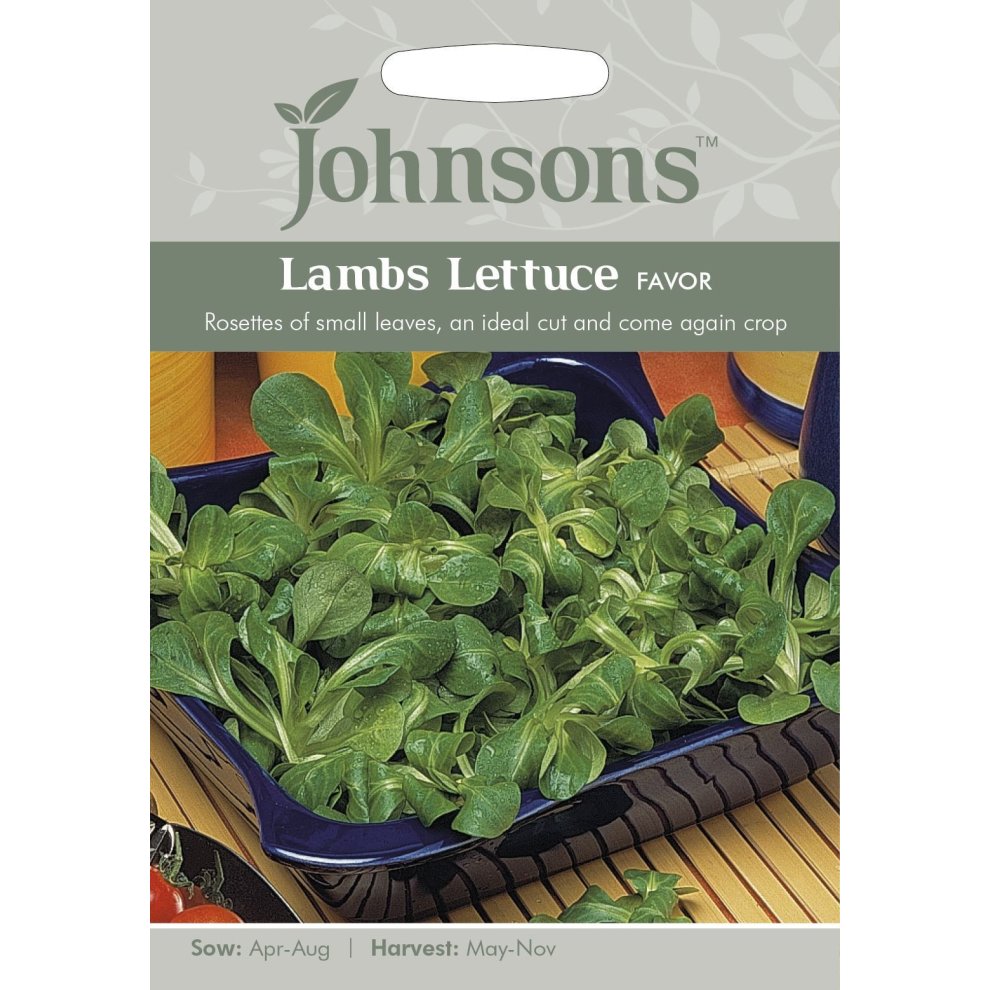Pictorial seed pack featuring lush green lamb's lettuce with rosettes of small leaves, labeled "Lambs Lettuce Favor" by Johnsons Seeds, with sowing and harvesting details.