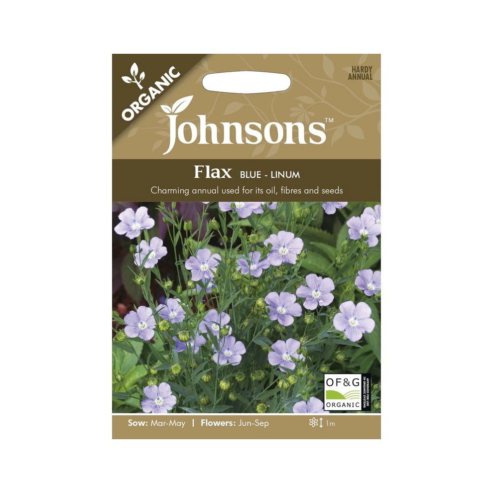 Brown seed packet featuring light blue flax flowers, with "Johnsons" logo and "Organic" label, detailing sowing and flowering months.