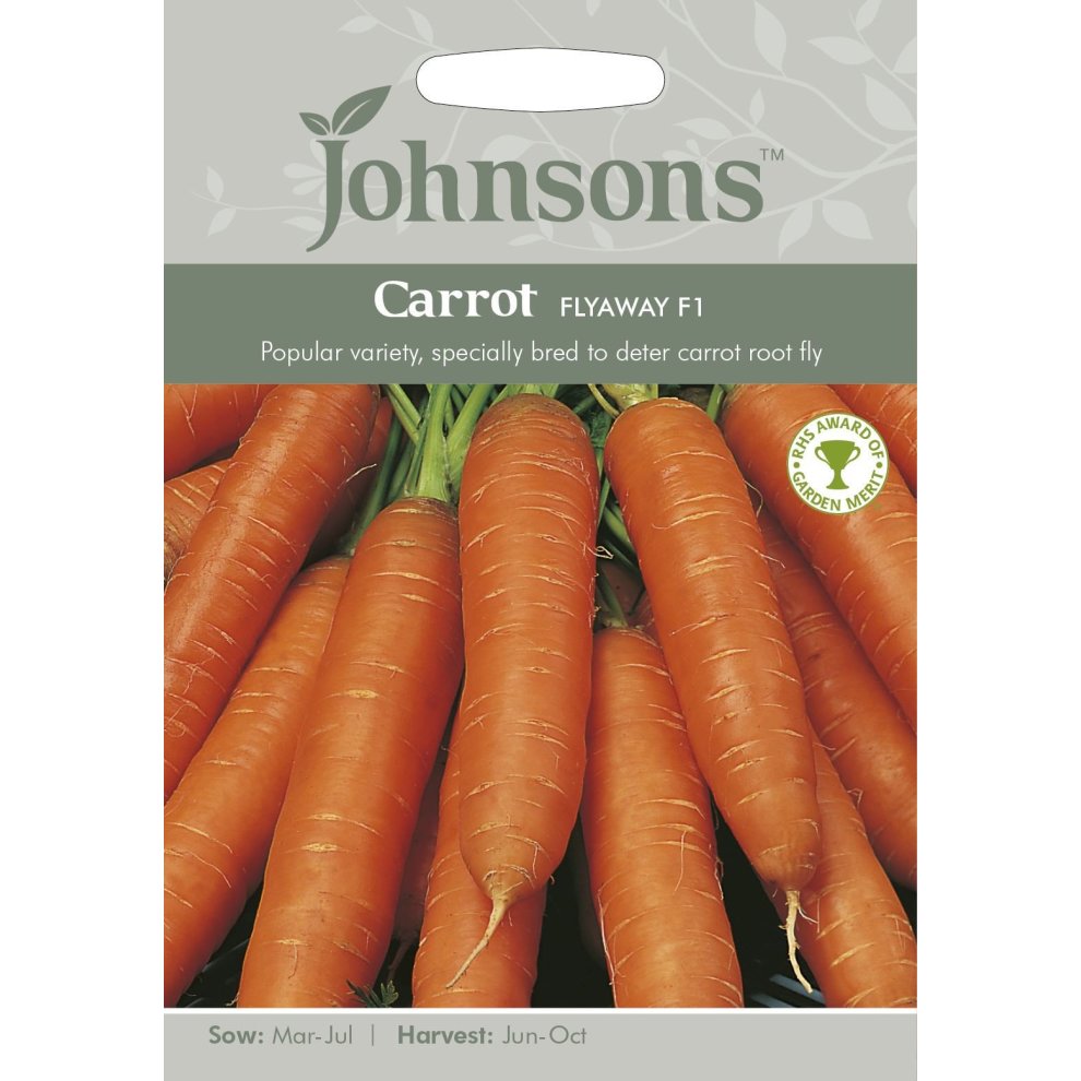 Pictorial seed pack featuring vibrant orange carrots, labeled "Johnsons Carrot Flyaway F1," with sowing and harvesting details, and a garden medal emblem.