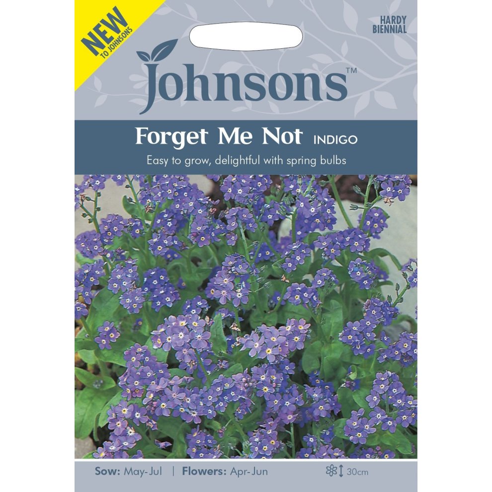 Pictorial seed pack featuring vibrant indigo Forget Me Not flowers, with a grey background, labeled "Johnsons" and detailing sowing and flowering times.