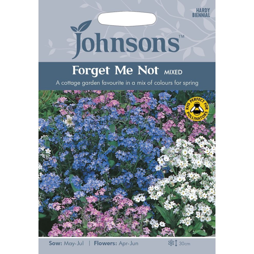 Pictorial seed pack featuring "Forget Me Not Mixed" flowers in shades of blue, pink, and white, with a description highlighting sowing and flowering times.