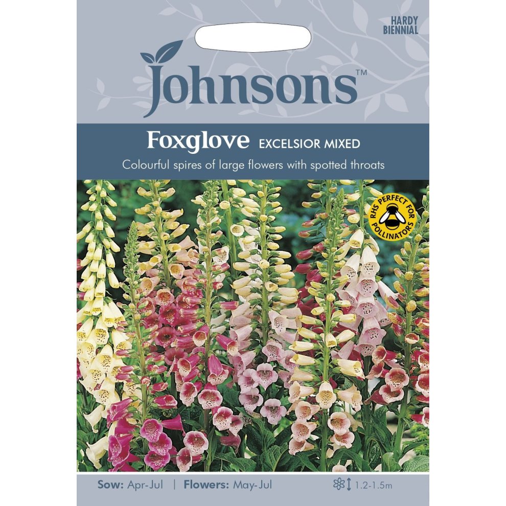 Pictorial seed pack featuring colorful spires of Foxglove flowers in shades of pink, white, and purple, with a description of sowing and flowering times.