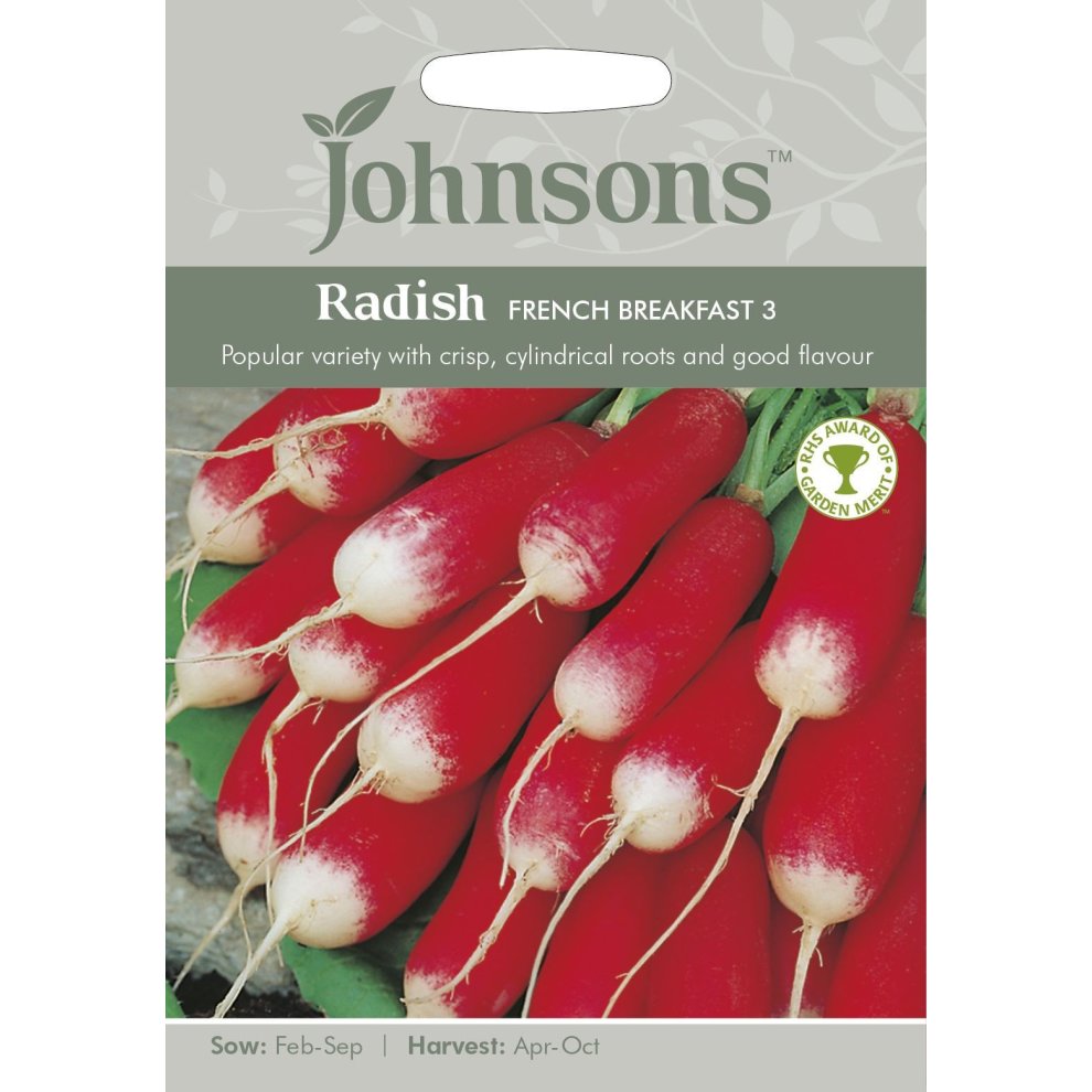 Packaged seeds for "Radish French Breakfast 3" by Johnsons Seeds, featuring a close-up of vibrant red radishes with white tips on a textured background.