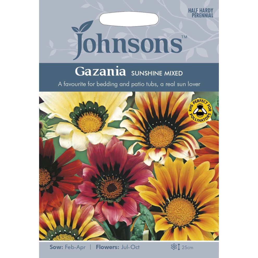 Johnsons Seeds Pictorial Pack featuring Gazania Sunshine Mixed, showcasing vibrant yellow, orange, and red flowers, with sowing and flowering details on a colorful background.