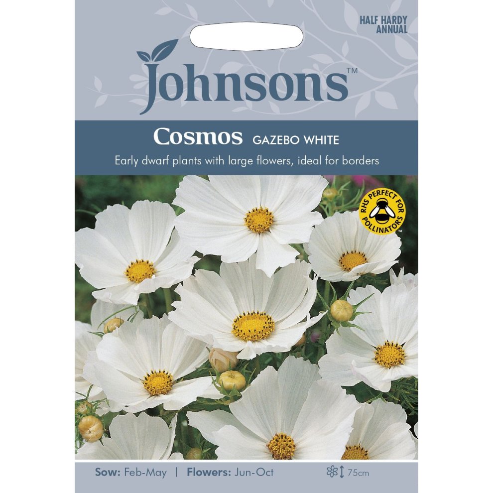 Pictorial seed packet featuring white Cosmos Gazebo flowers with yellow centers, labeled "Johnsons," highlighting sowing and flowering details.