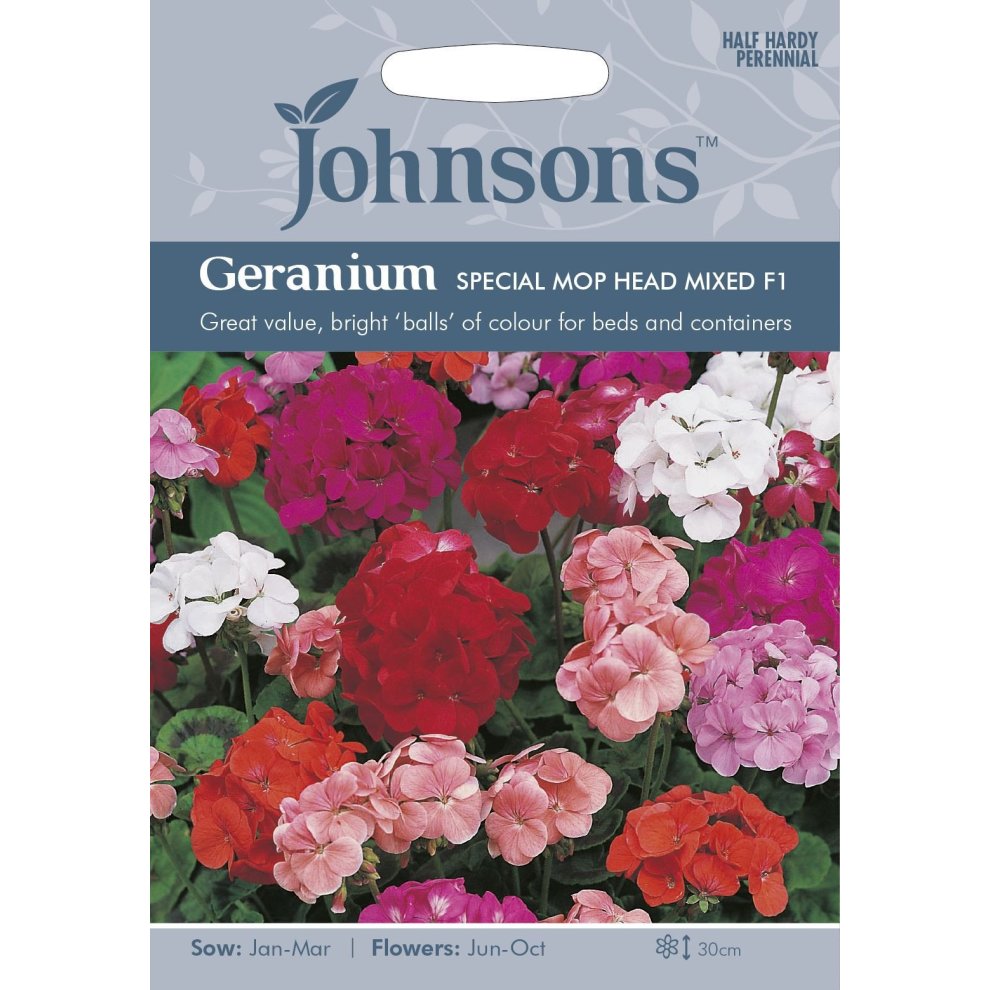 Pictorial seed pack featuring vibrant mixed colors of geranium flowers, including pink, red, and white, with text highlighting sowing and flowering details.