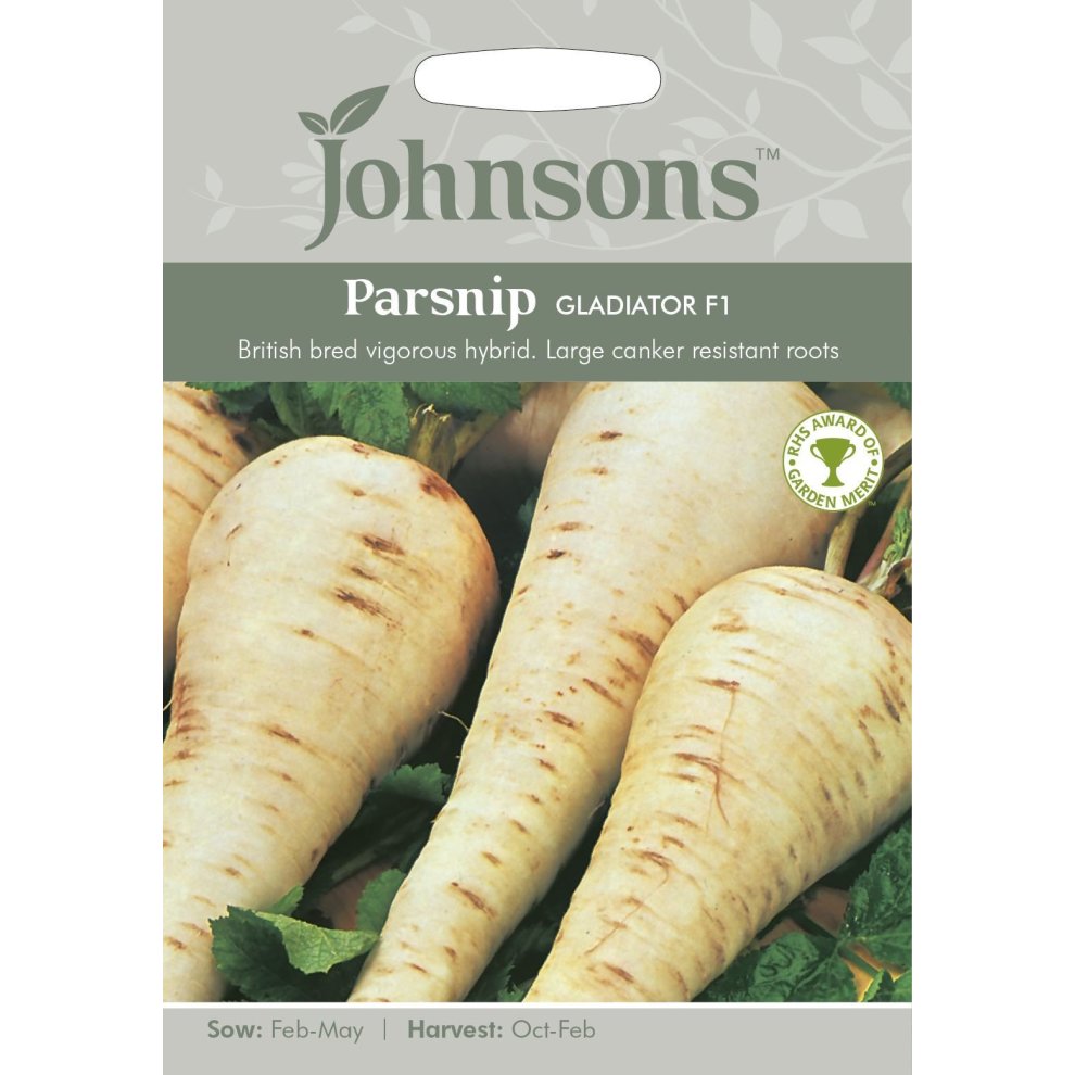 White parsnips with green tops featured on a cream-colored seed packet labeled "Johnsons" and "Parsnip Gladiator F1," highlighting sowing and harvesting details.