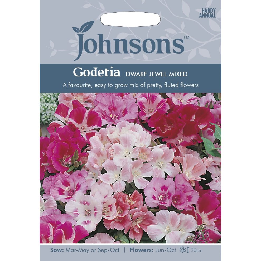 Pictorial seed packet featuring a colorful mix of pink and white Godetia flowers, labeled "Johnsons Seeds - Dwarf Jewel Mixed," with sowing and flowering instructions.