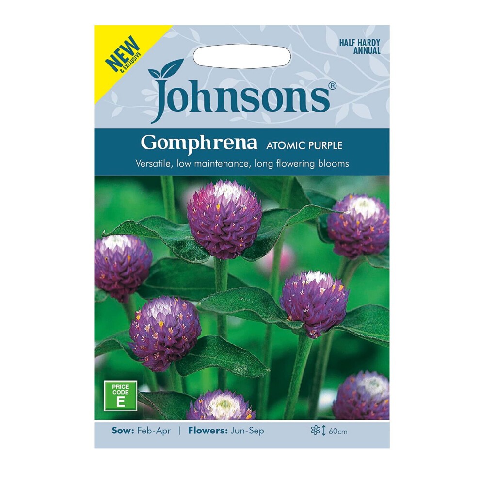 Bright purple Gomphrena flower seed packet by Johnsons Seeds, featuring vibrant blooms, green leaves, and details on sowing and flowering times.