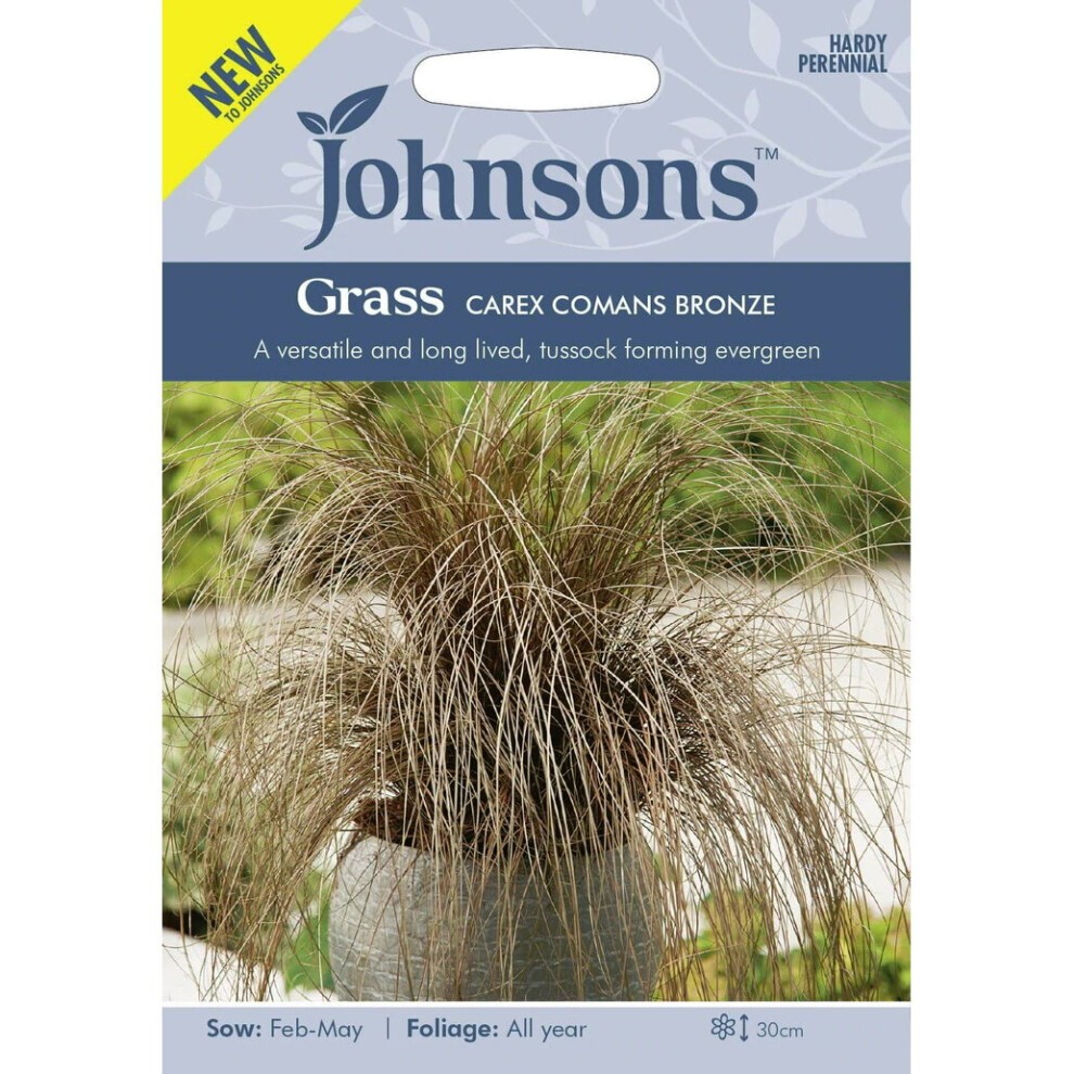 Packaged seeds for Carex Comans Bronze ornamental grass, featuring a light blue background, product details, and an illustration of the grass with long, bronze-colored foliage.