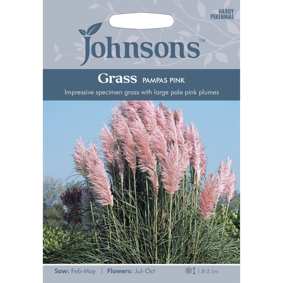 Johnsons Seeds Pictorial Pack features Pampas Pink grass with large pale pink plumes, showcasing a vibrant green background and details on sowing and flowering times.