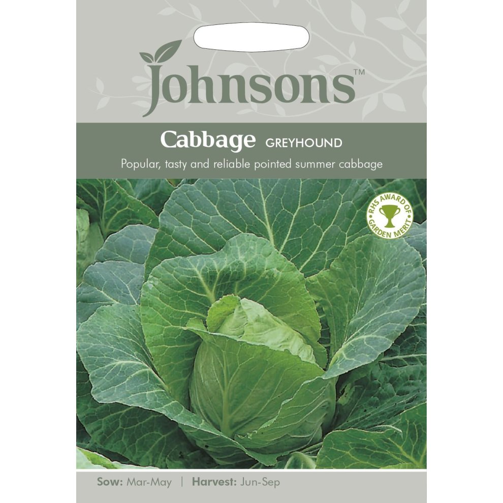 Pictorial seed packet for Johnsons Seeds featuring Cabbage Greyhound, with vibrant green cabbage leaves and clear sowing and harvesting instructions.