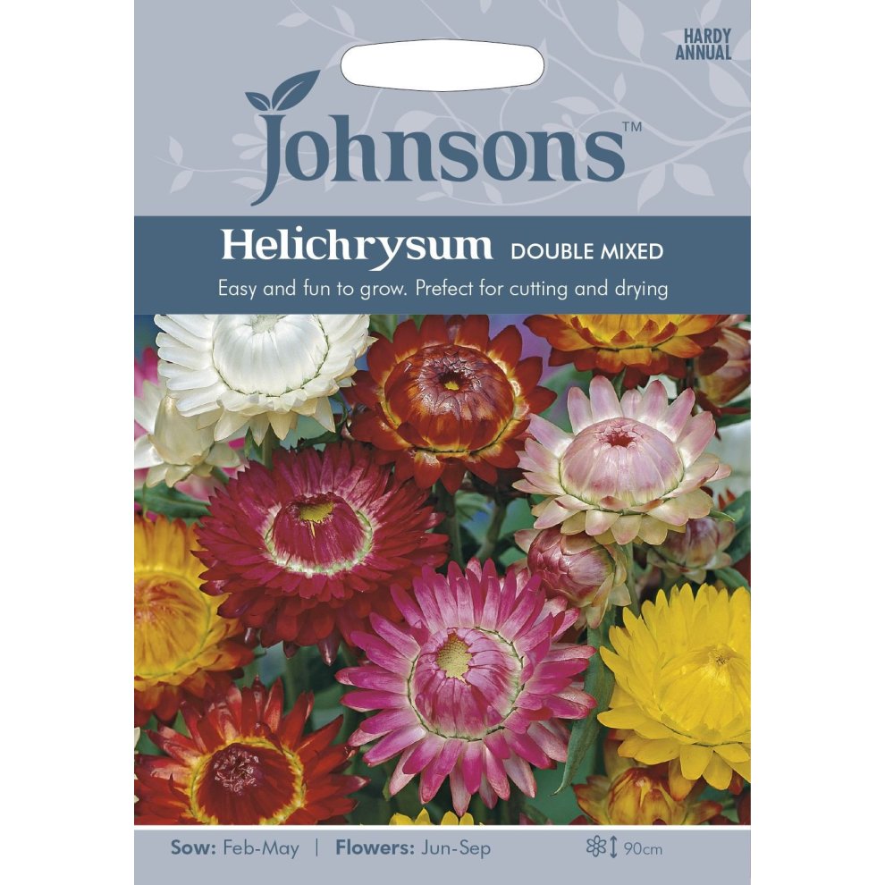 Colorful seed packet featuring Helichrysum Double Mixed flowers in shades of red, yellow, and white, with sowing instructions and branding from Johnsons Seeds.