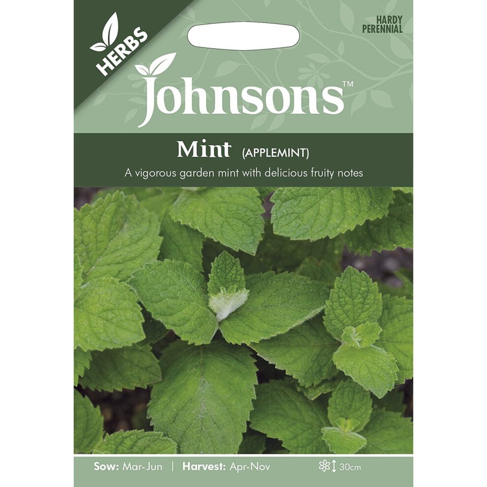 Green packet featuring the Johnsons Seeds logo, with images of fresh applemint leaves and text detailing sowing and harvesting information.