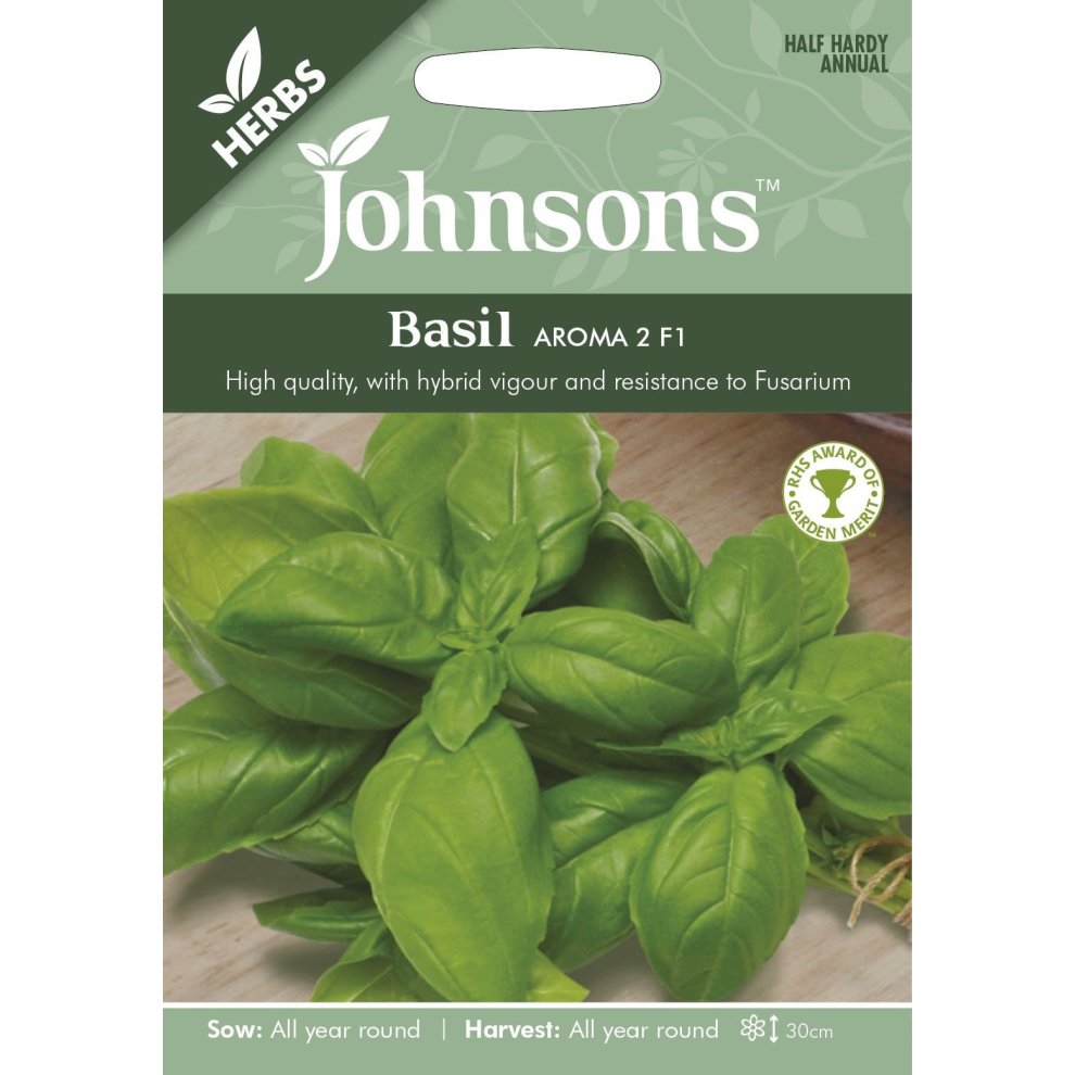 Green basil leaves on a white background, featuring the Johnsons Seeds logo, with details about the herb's quality, growing instructions, and a pack size of 250 seeds.