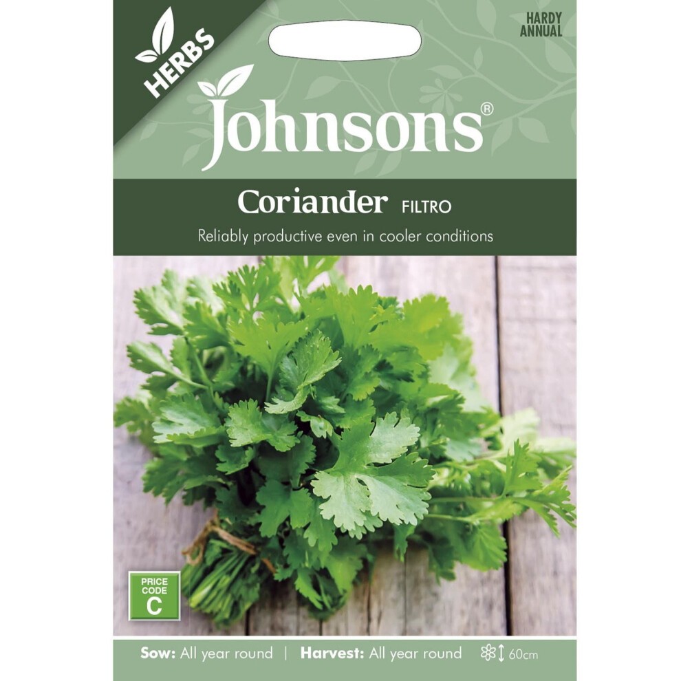 Johnsons Herbs Coriander Filtro seeds packet featuring vibrant green coriander leaves, a light green background, and clear text indicating sowing and harvesting information.