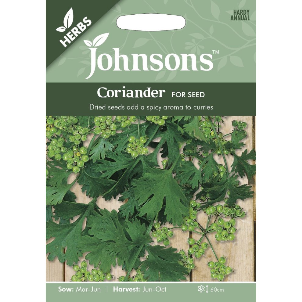 Johnsons Seeds coriander seed pack featuring green coriander leaves and seed clusters, with a light green background and clear text detailing sowing and harvesting information.