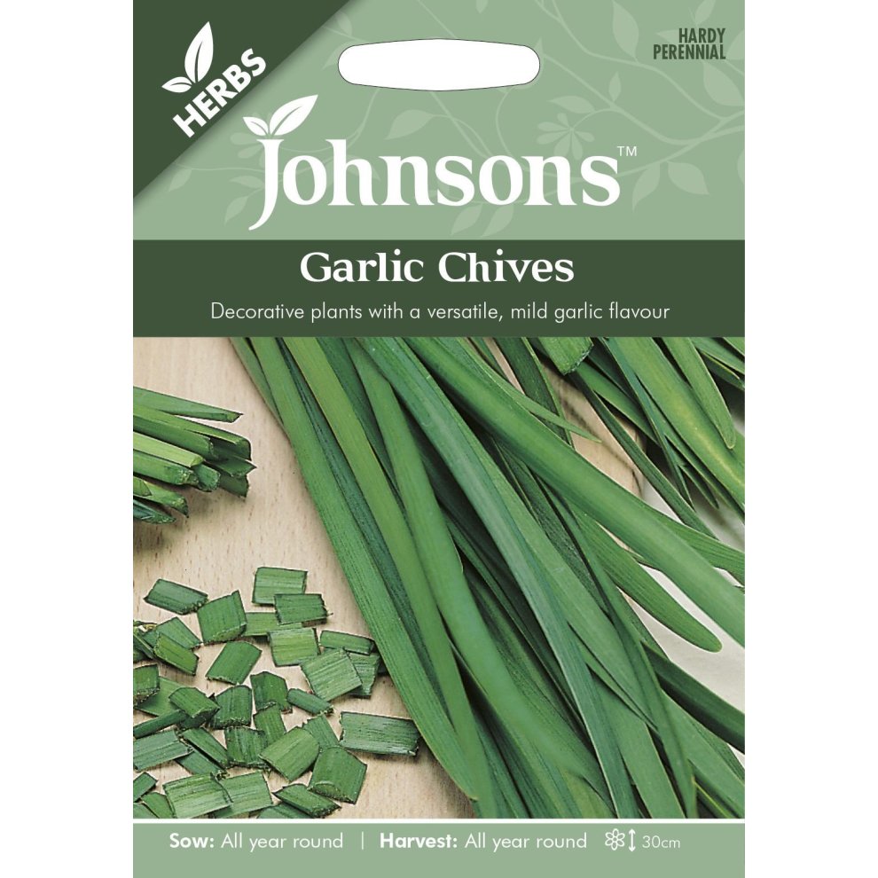Pictorial seed pack for Johnsons Garlic Chives, featuring vibrant green chives and chopped pieces, with text highlighting sowing and harvesting details.