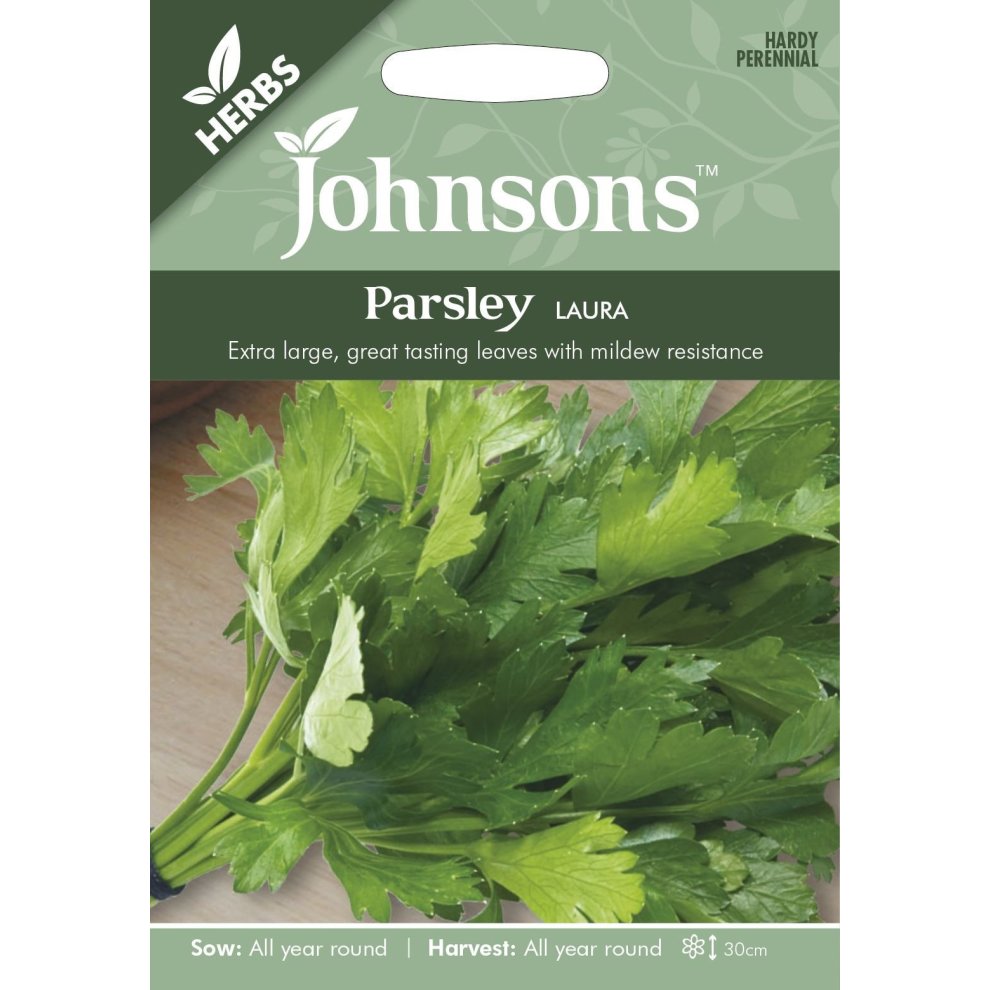 Green packaging featuring the Johnsons Seeds logo, with a prominent image of fresh parsley leaves, labeled "Parsley Laura," highlighting its extra-large, flavorful leaves.
