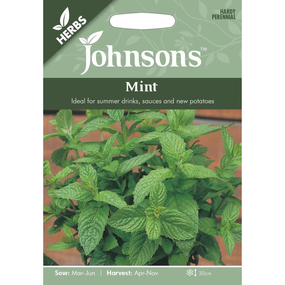Green packaging featuring the Johnsons logo, showcasing vibrant mint leaves, with text highlighting sowing and harvesting details for 1250 mint seeds.
