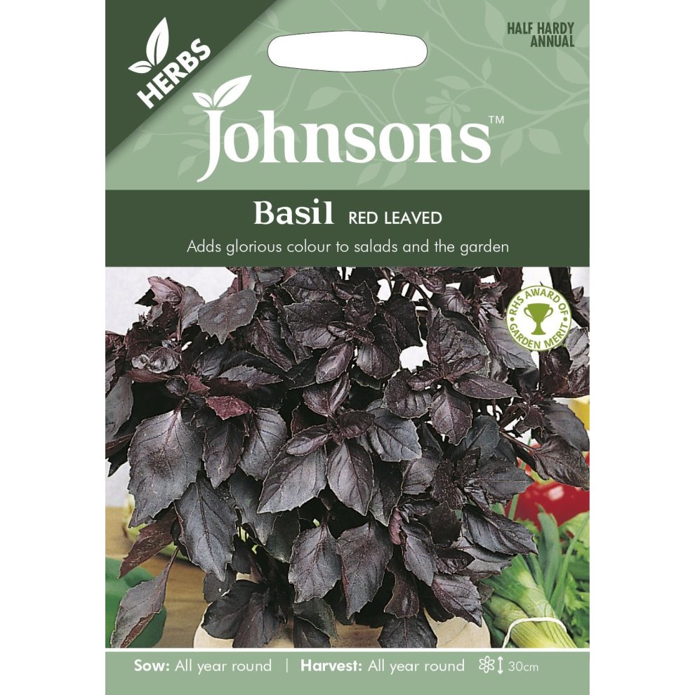 Pictorial seed pack featuring Johnsons Seeds brand, showcasing vibrant red-leaved basil, with text indicating itโs a half-hardy annual suitable for year-round sowing and harvesting.