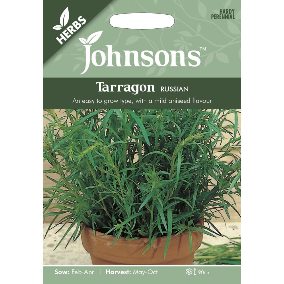 Green seed packet featuring "Johnsons" branding, labeled "Tarragon Russian," with an image of tarragon plant in a terracotta pot, and details on sowing and harvesting times.